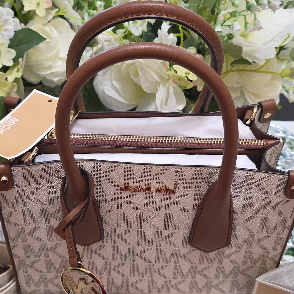 Michael Kors Beige Brown Logo Satchel with Gold Hardware